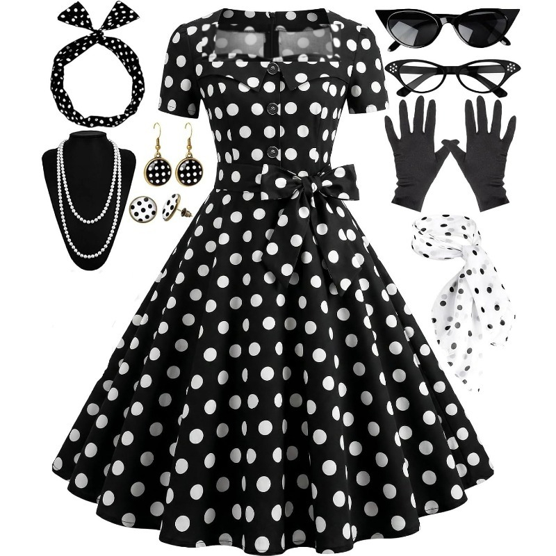 Women'S Accessories In The 1950S - 1950年代のエレガントなヴィンテージドレス、女性用、50年代のヴィンテージポルカドットロックアビリースイングティーパーティードレスコスチュームセット（アクセサリー付き）