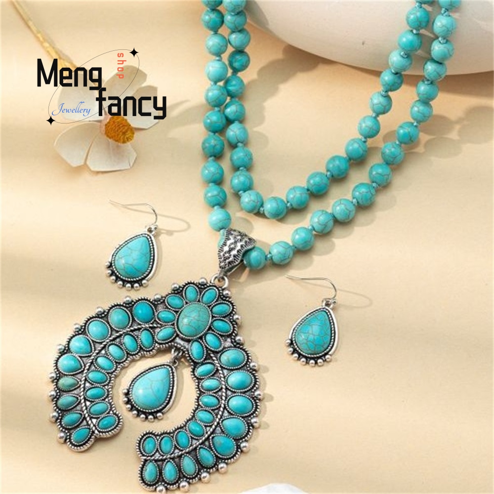 Layered Necklace Set - レトロな三層フラワーイヤリング、ターコイズイヤリング、西洋風誇張ターコイズ数珠ネックレス、ジュエリーセット