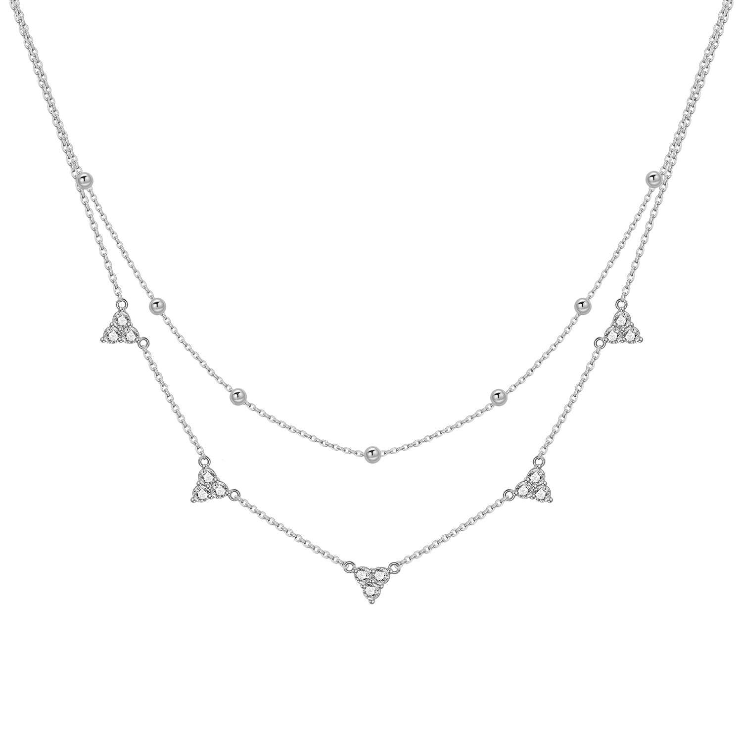 Layered Necklace Set - PANPOKI925 スターリングシルバーシャイニング二層チェーンネックレスペンダントネックレス女性の誕生日プレゼントファイントレンディジュエリー