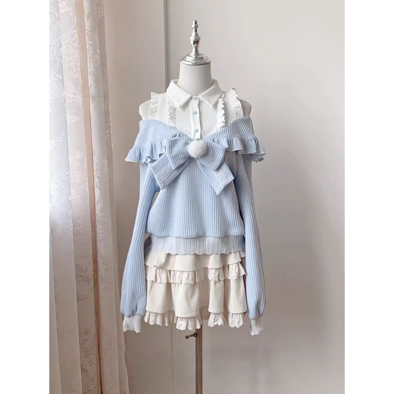 Layered Necklace Set - 可愛いソフトガールロリータ2ピースセット レディース 秋 オフショルダースリーブ ボウブラウス +
