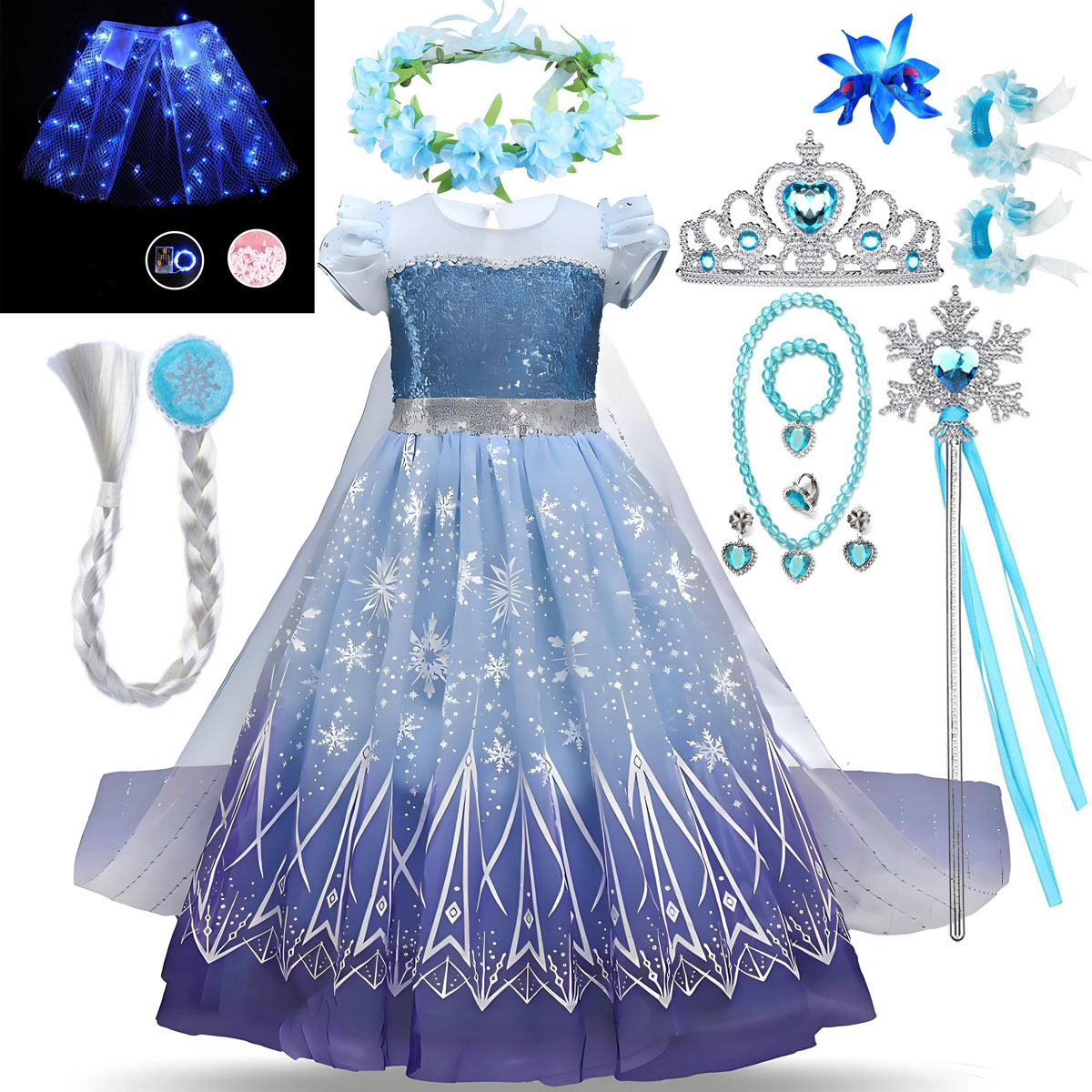 Layered Necklace Set - ディズニー人気映画アナと雪の女王エルサと同じスタイルのブルーノースリーブふわふわプリントレーススカートケープ女の子かわいいプリンセスドレスセット