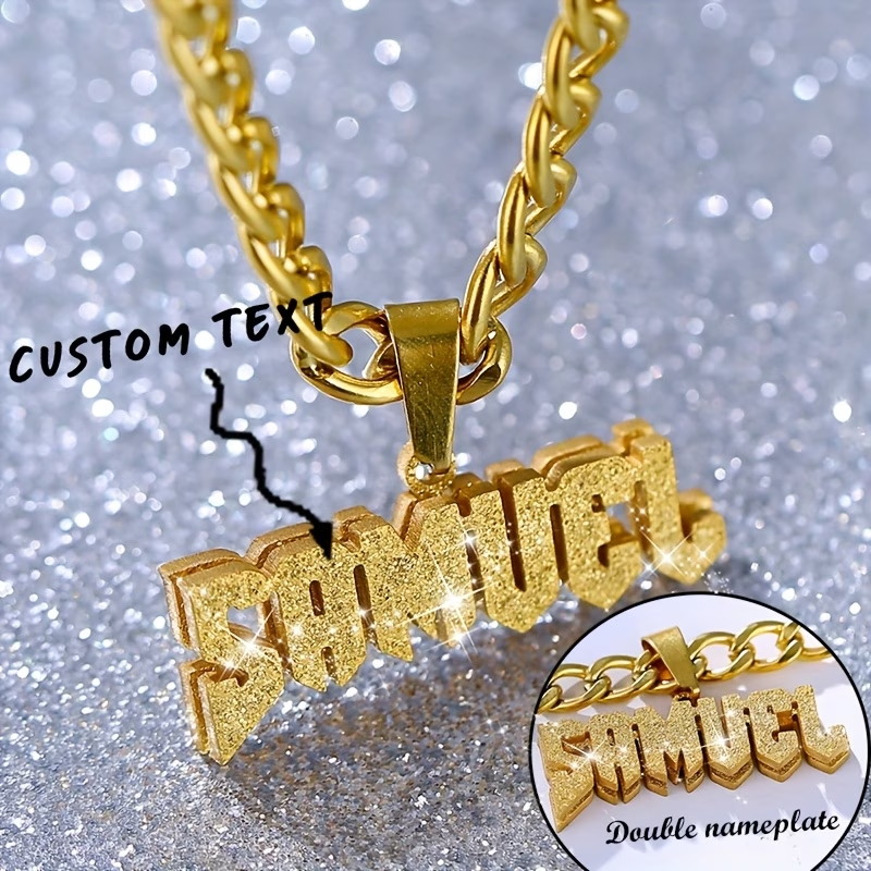 Layered Necklace Set - カスタムネームダブルレイヤーネックレス 304ステンレス鋼製 取り外し可能なキューバンチェーン 3Dファッション ヒップホップスタイル ブリンブリンペンダント