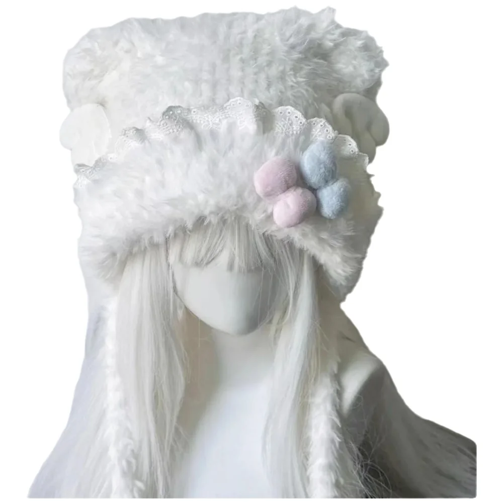 Women'S Ear Accessories - 女性用のピンクとブルーのリボン結びのレーストリム付きのクマの形をした帽子、柔らかくかわいい冬用の保温耳保護帽子です。