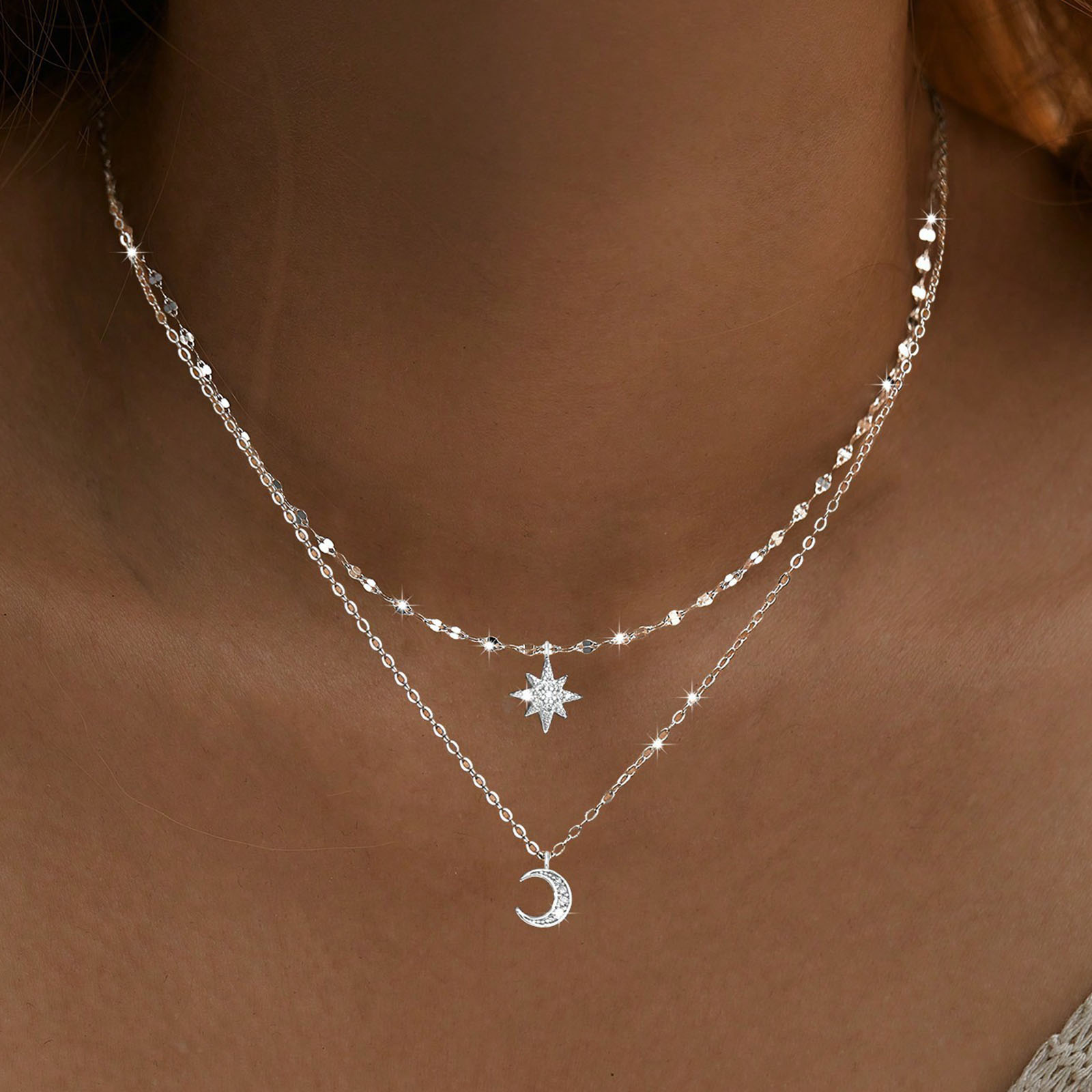 925 スターリングシルバー ムーン ダブルレイヤー ネック - Layered Necklace Set のレビューと価格