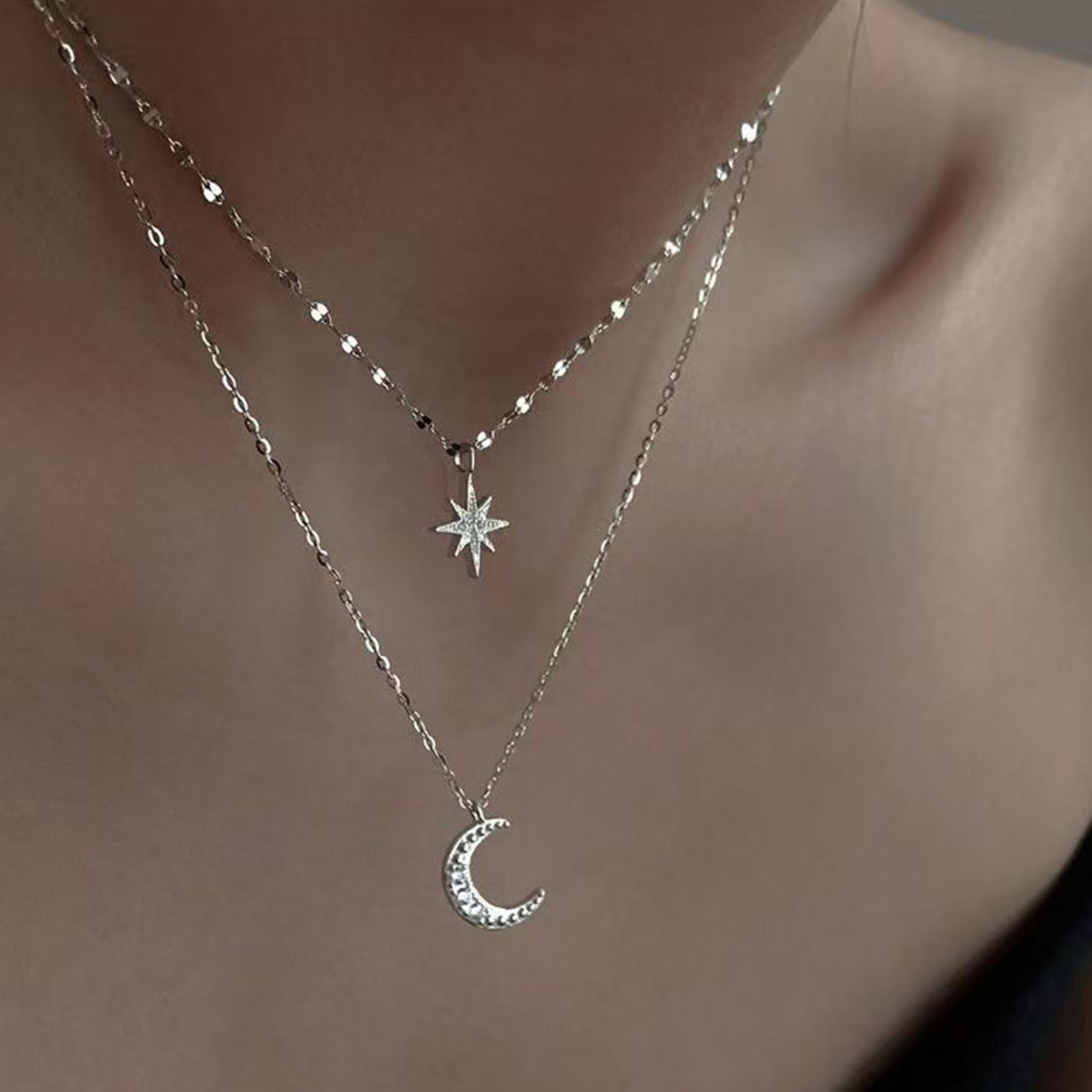 925 スターリングシルバー ムーン ダブルレイヤー ネック - Layered Necklace Set のレビューと価格