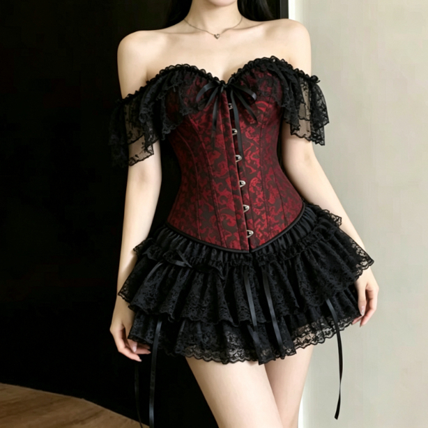 Y2k ダークゴシックレースコルセットセット女性オフショルダ - Layered Necklace Set のレビューと価格