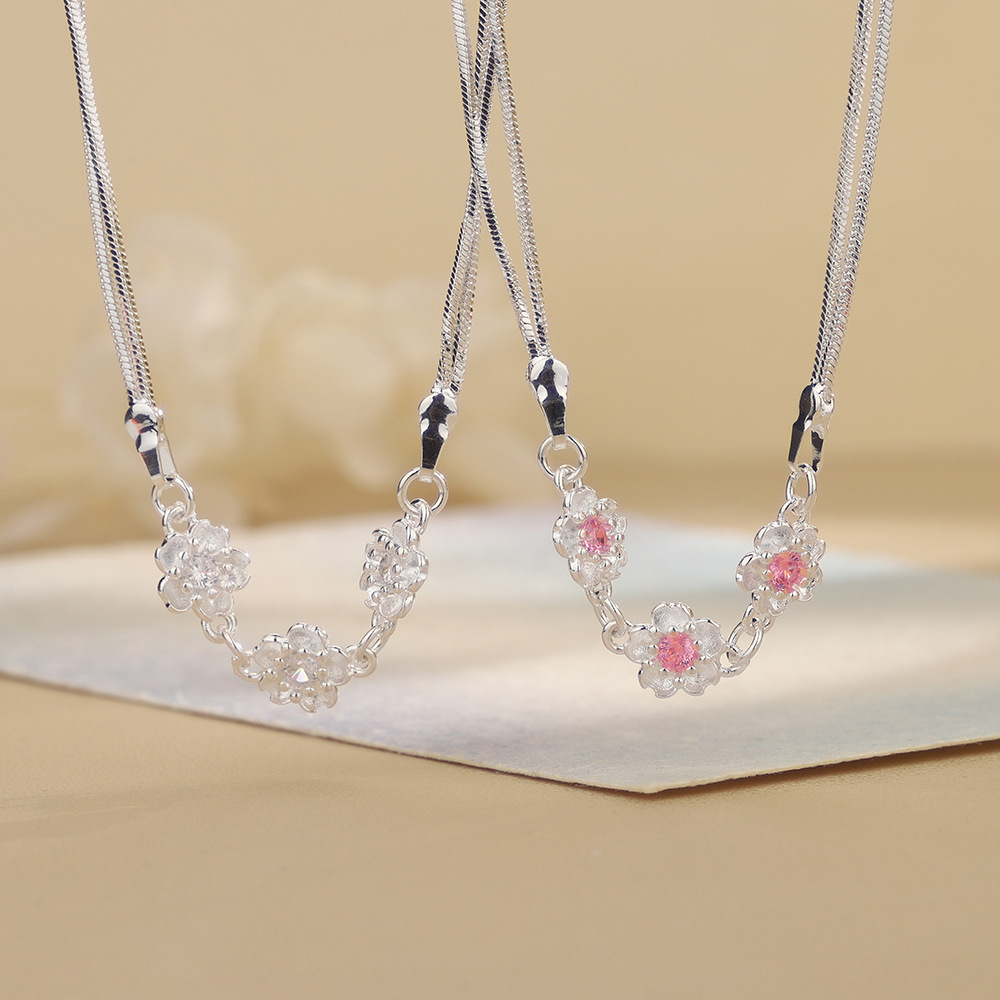925 スターリングシルバージュエリー二層ジルコン桜の花チェ - Layered Necklace Set のレビューと価格