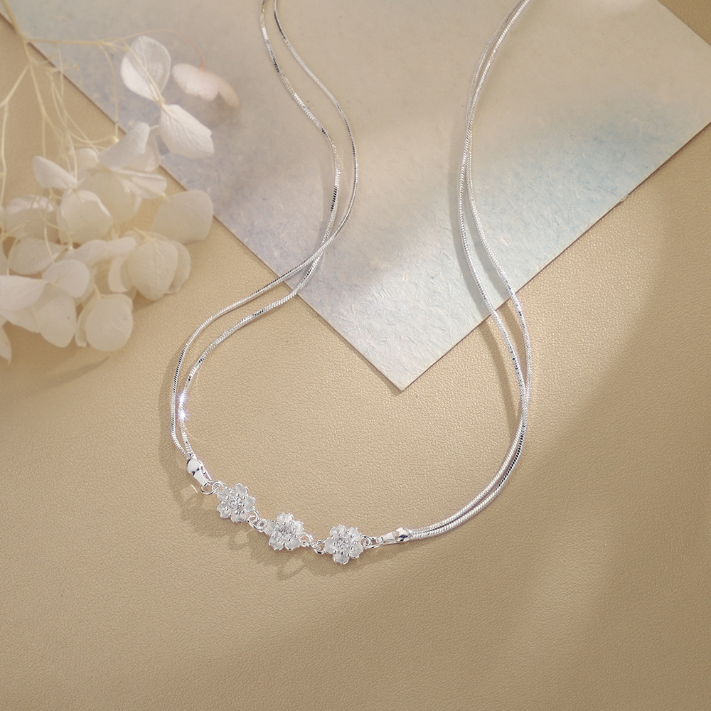 925 スターリングシルバージュエリー二層ジルコン桜の花チェ - Layered Necklace Set のレビューと価格