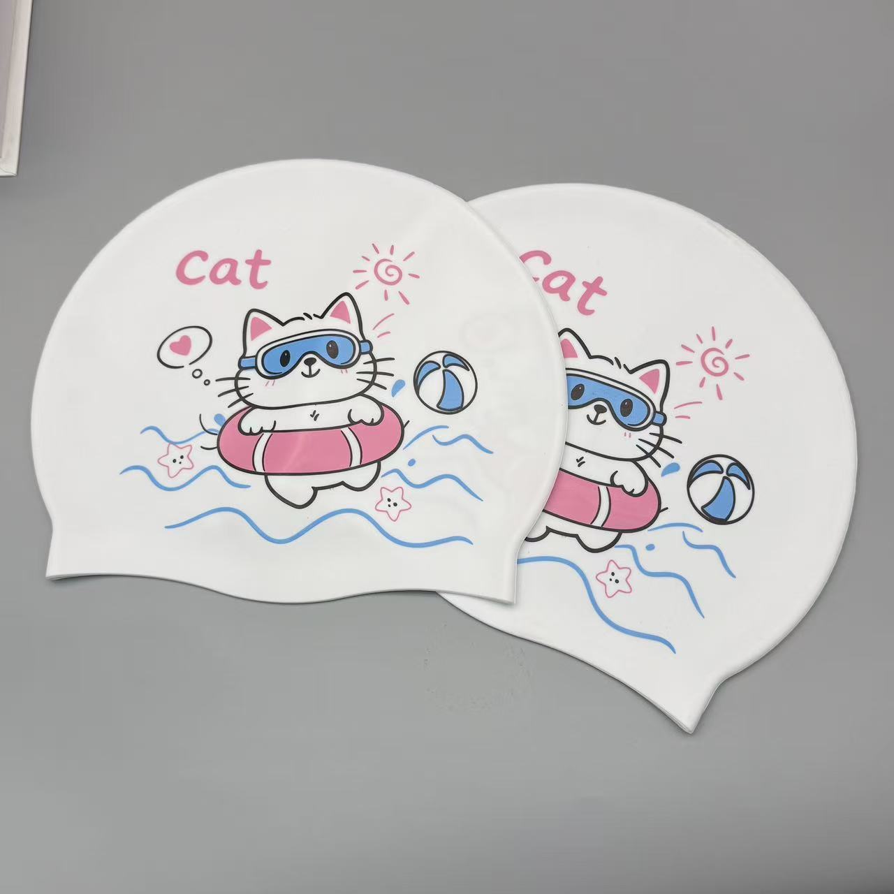 可愛い子猫柄シリコン水泳帽（女性用）、大人用漫画風夏用屋外防 - Women'S Ear Accessories のレビューと価格