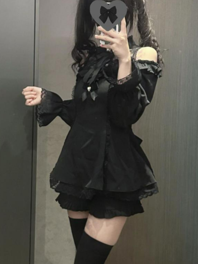 女性ロリータ 2 点セットコールドショルダーリボンブラウスと - Layered Necklace Set のレビューと価格
