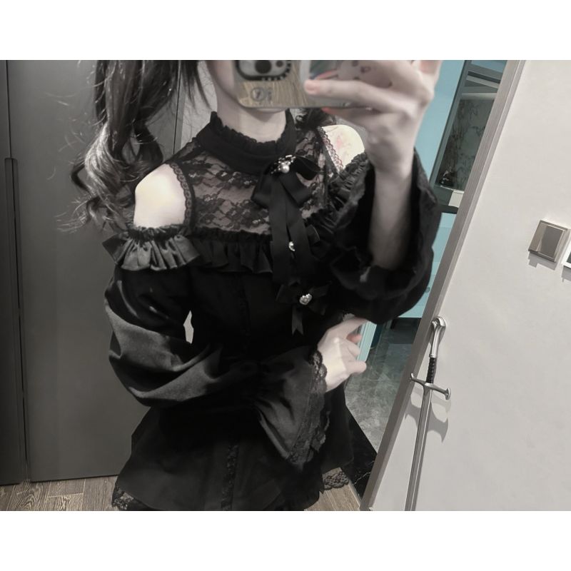 女性ロリータ 2 点セットコールドショルダーリボンブラウスと - Layered Necklace Set のレビューと価格