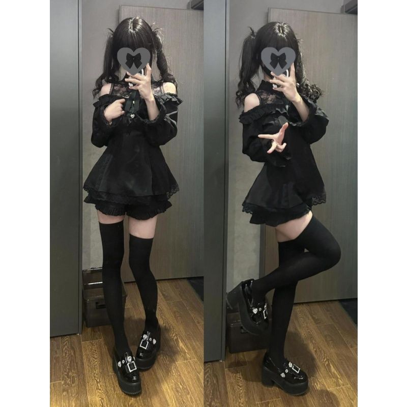 女性ロリータ 2 点セットコールドショルダーリボンブラウスと - Layered Necklace Set のレビューと価格